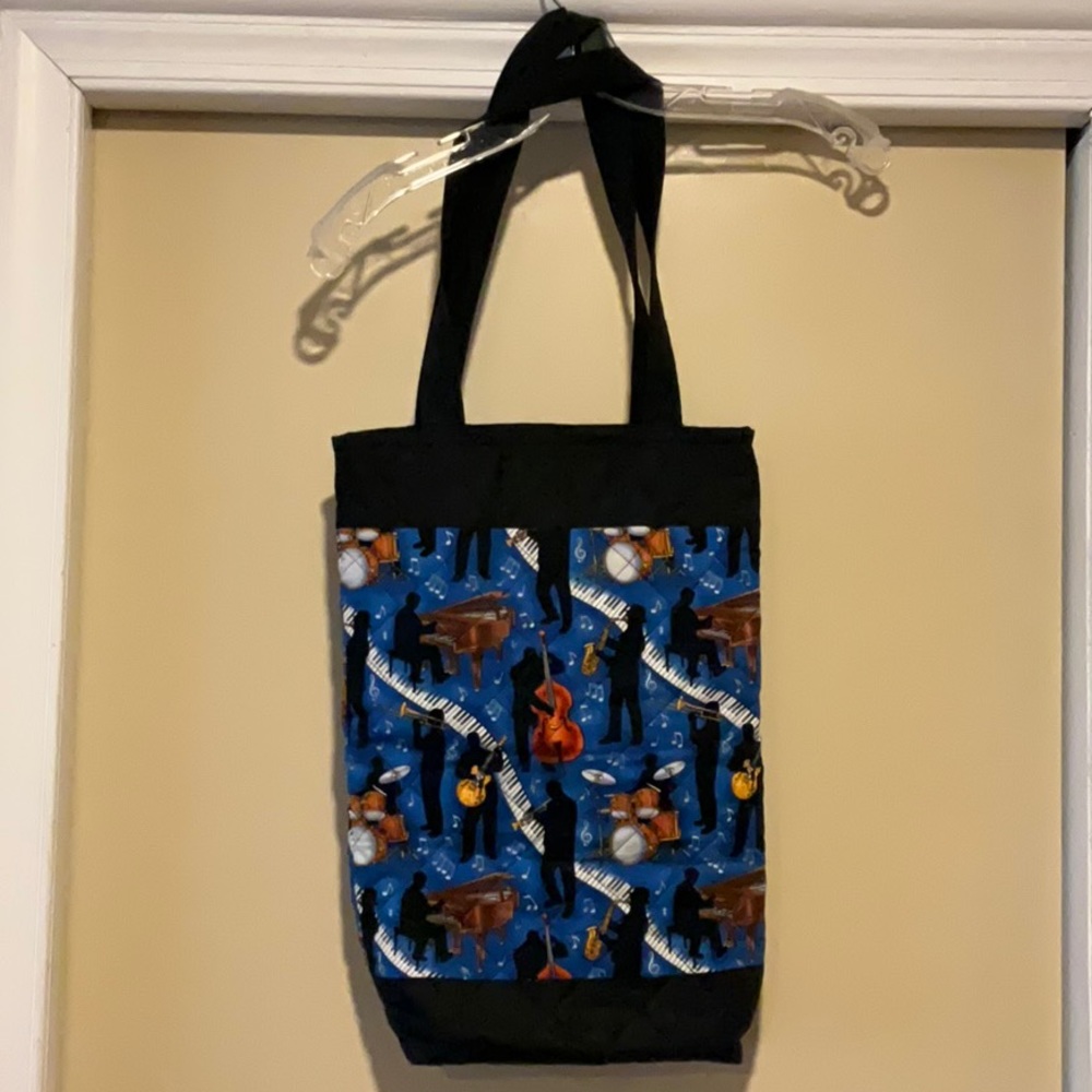 Handmade quilted orchestra, music print tote bag music teacher gift